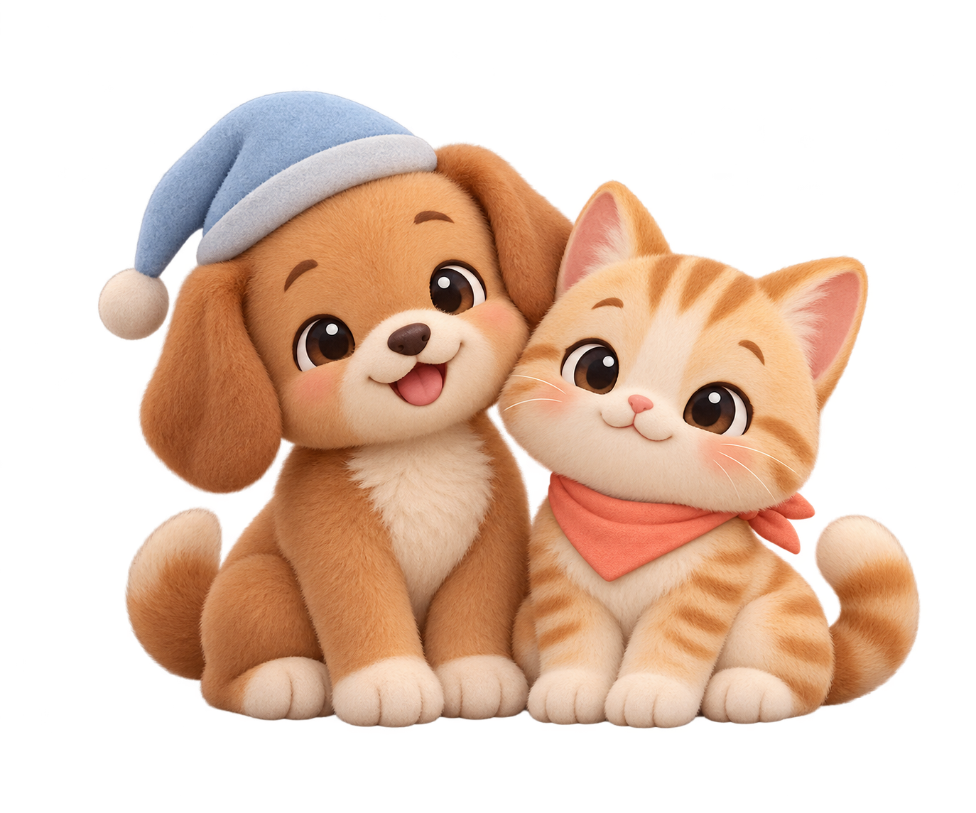 A fluffy dog and cat waking up together